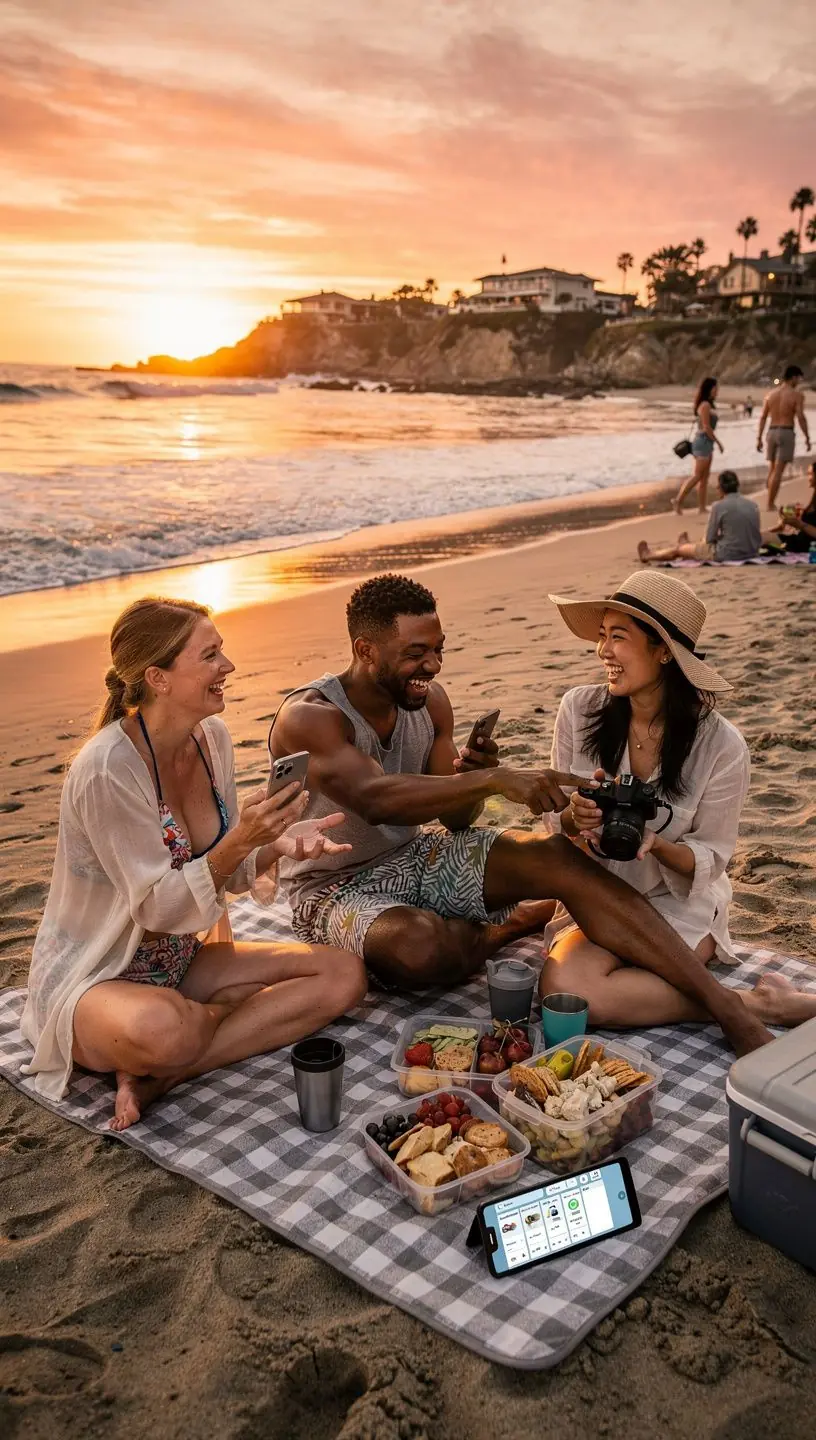 Семья, наслаждающаяся пикником на природе с красивым видом.