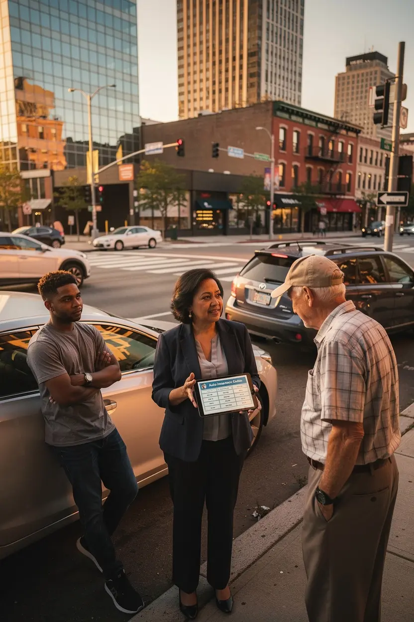 Обзор различных полисов автострахования в США с акцентом на местные тенденции и предложения. Изображение автомобиля на фоне городской улицы, символизирующее повседневные поездки водителей.