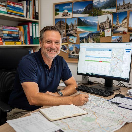 Панорамный вид на побережье с пляжем и яркими зонтиками.